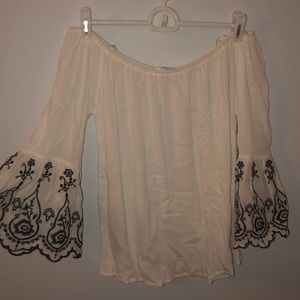 Of the shoulder blouse w/ embroidered bell sleeves